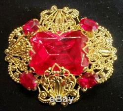 MAGNIFICENT Vtg PARURE W. GermanY Red Rhinestone G-tone Necklace Brooch Earrings