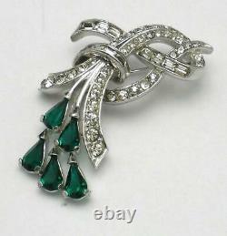 MARCEL BOUCHER Emerald & Diamante Floral Rhinestone Brooch Pin Vintage 1950s
