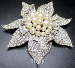 MARVELLA Huge Sparkling Ice Rhinestone Faux Pearl Flower Vintage Pin Brooch