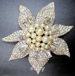MARVELLA Huge Sparkling Ice Rhinestone Faux Pearl Flower Vintage Pin Brooch