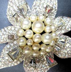 MARVELLA Huge Sparkling Ice Rhinestone Faux Pearl Flower Vintage Pin Brooch