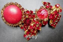 MIRIAM HASKELL Ravishing Red Rhinestone & Cabochon Vintage Pin Brooch