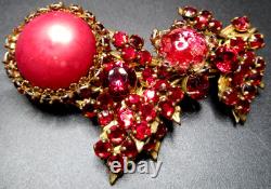 MIRIAM HASKELL Ravishing Red Rhinestone & Cabochon Vintage Pin Brooch
