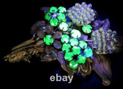 MIRIAM HASKELL Uranium Rhinestone Green Glass Bead Vintage Pin Brooch