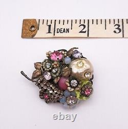 MIRIAM HASKELL VINTAGE SIGNED Brooch Pin Turtle Pink Rhinestones Micro Beads