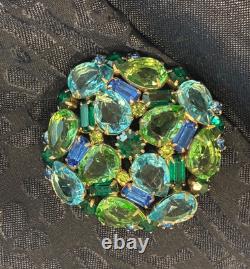 Magnificent Vintage Castlecliff Brooch, Teal, Peridot, Green, Aqua Rhinestones