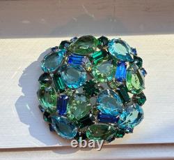 Magnificent Vintage Castlecliff Brooch, Teal, Peridot, Green, Aqua Rhinestones