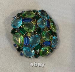 Magnificent Vintage Castlecliff Brooch, Teal, Peridot, Green, Aqua Rhinestones