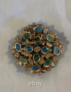 Magnificent Vintage Castlecliff Brooch, Teal, Peridot, Green, Aqua Rhinestones
