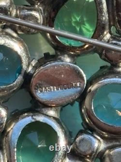 Magnificent Vintage Castlecliff Brooch, Teal, Peridot, Green, Aqua Rhinestones