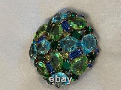 Magnificent Vintage Castlecliff Brooch, Teal, Peridot, Green, Aqua Rhinestones