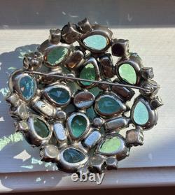 Magnificent Vintage Castlecliff Brooch, Teal, Peridot, Green, Aqua Rhinestones