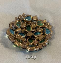 Magnificent Vintage Castlecliff Brooch, Teal, Peridot, Green, Aqua Rhinestones