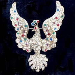 Magnificent Vintage Rhinestone Fantasy Bird Brooch Jeweled Peacock Phoenix Pin