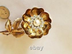 Marcel Boucher Flower Brooch Mechanical Rare Rhinestone Pearl Day Night Gold Pin