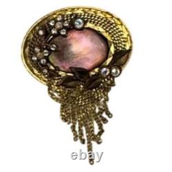 Marena Vintage Gold Tone Brooch Handmade In Germany Chain Dangles Rhinestones Ov
