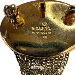 Marena Vintage Gold Tone Brooch Handmade In Germany Chain Dangles Rhinestones Ov