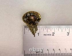 Marena Vintage Gold Tone Brooch Handmade In Germany Chain Dangles Rhinestones Ov