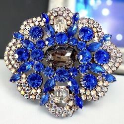 Massive Czech Glass Brooch Blue AB Rhinestones Vintage Bijoux MG