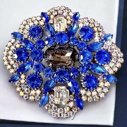 Massive Czech Glass Brooch Blue AB Rhinestones Vintage Bijoux MG