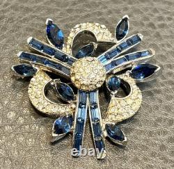 Mazer Flower Blue Clear Pave Rhinestone Vintage High End Well Made Brooch