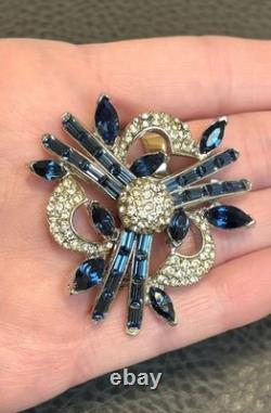 Mazer Style Flower Blue Clear Pave Rhinestone Vintage High End Well Made Brooch