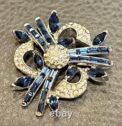 Mazer Style Flower Blue Clear Pave Rhinestone Vintage High End Well Made Brooch