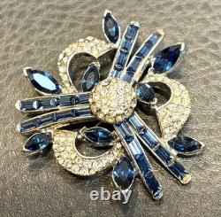 Mazer Style Flower Blue Clear Pave Rhinestone Vintage High End Well Made Brooch