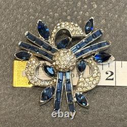 Mazer Style Flower Blue Clear Pave Rhinestone Vintage High End Well Made Brooch