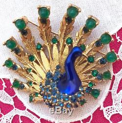 Minty Signed ©BOUCHER Rhinestone PEACOCK Vintage Brooch Pin Numbered Green Blue