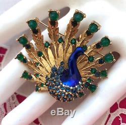 Minty Signed ©BOUCHER Rhinestone PEACOCK Vintage Brooch Pin Numbered Green Blue