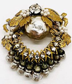 Miriam HASKELL Faux Baroque Pearl & Rhinestone Dangle Brooch Vintage Jewelry