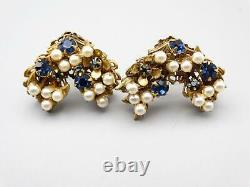 Miriam Haskell Brooch Rare Vintage Signed Blue Rhinestone & Pearl Pin & Earrings