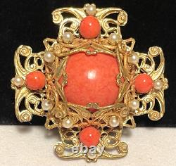 Miriam Haskell Brooch Rare Vintage Signed Gilt Coral Glass Pearl Maltese Cross