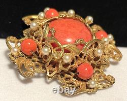 Miriam Haskell Brooch Rare Vintage Signed Gilt Coral Glass Pearl Maltese Cross