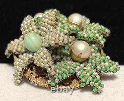 Miriam Haskell Brooch Rare Vintage Signed Gilt Green Gripoix Glass Pearl Pin A39