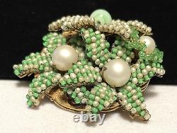 Miriam Haskell Brooch Rare Vintage Signed Gilt Green Gripoix Glass Pearl Pin A39