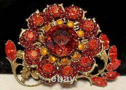 Miriam Haskell Brooch Rare Vintage Signed Gilt Red Orange Glass R/S Pin A35