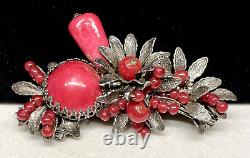 Miriam Haskell Brooch Rare Vintage Silvertone Dark Pink Glass 3 Pin Signed A35