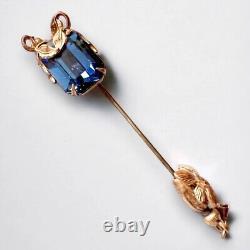 Miriam Haskell Brooch Stick Blue Rhinestone Gold Leaf Vintage 1950's
