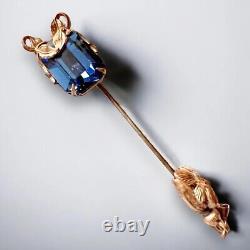 Miriam Haskell Brooch Stick Blue Rhinestone Gold Leaf Vintage 1950's