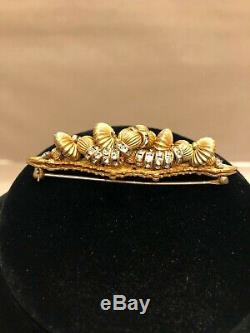 Miriam Haskell Golden Bead Glass Rhinestone Gold Plate Vintage Bar Brooch Pin