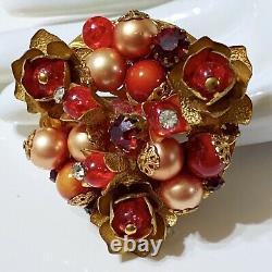 Miriam Haskell Red Brooch Rare Vintage Early Glass Bead Pearl Rhinestone Pin L1
