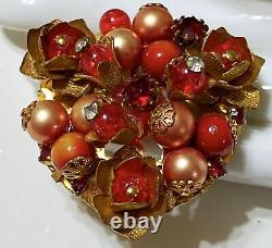 Miriam Haskell Red Brooch Rare Vintage Early Glass Bead Pearl Rhinestone Pin L1