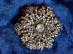 Miriam Haskell Signed Vintage Floral Gold Tone & Rhinestone Brooch Pin