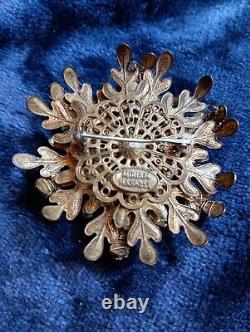 Miriam Haskell Signed Vintage Floral Gold Tone & Rhinestone Brooch Pin