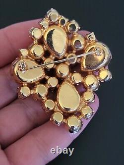 Molded Yellow Amber Color Glass & Rhinestone Vintage Large Brooch Pin Juliana