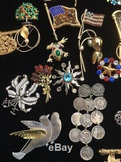 Mostly Vintage Pins HUGE LOT 100+ Brooch Rhinestone Sterling Glass Lisner Coro +