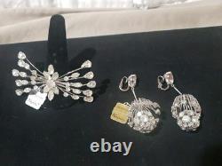 NWT Mid-century Vintage Napier Floral Burst Rhinestone brooch & Earring Set
