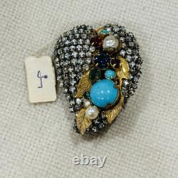 Nice Signed Miriam Haskell Brooch Pin Back Rhinestone Turquoise Gold Tone Vtg